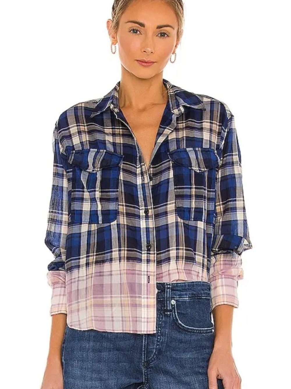 Rag & Bone Florian Cropped Blue & Pink Ombre Plaid Button-Down Shirt